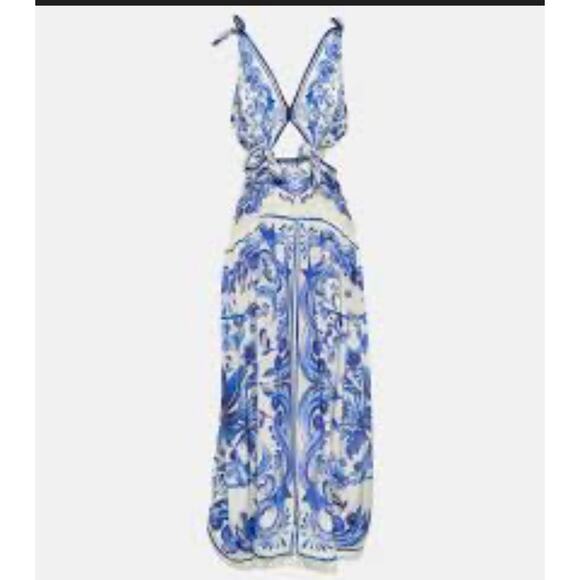 New! Farm Rio Women's Garden Tiles Cutout Blue and White Maxi Dress Size XL #37 - Picture 2 of 6